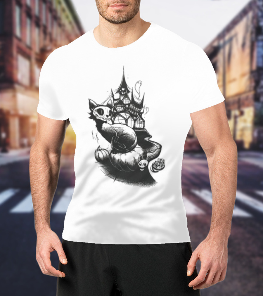 Kingpin Skelecat Haunt By Kellan Horner Ghostly Cat With Crown And Smoke T-Shirt