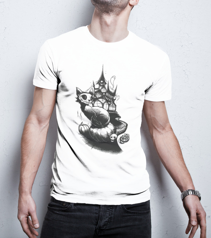 Kingpin Skelecat Haunt By Kellan Horner Ghostly Cat With Crown And Smoke T-Shirt