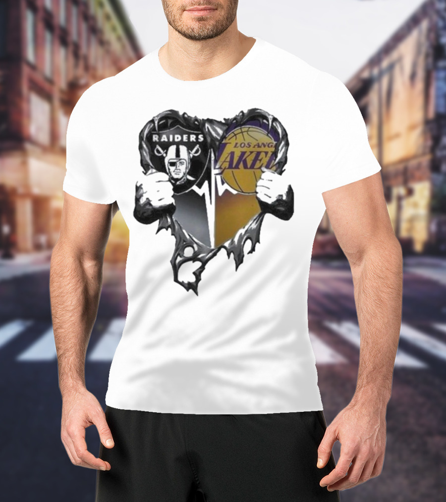 Las Vegas Raiders Los Angeles Lakers Heart Design T-Shirt