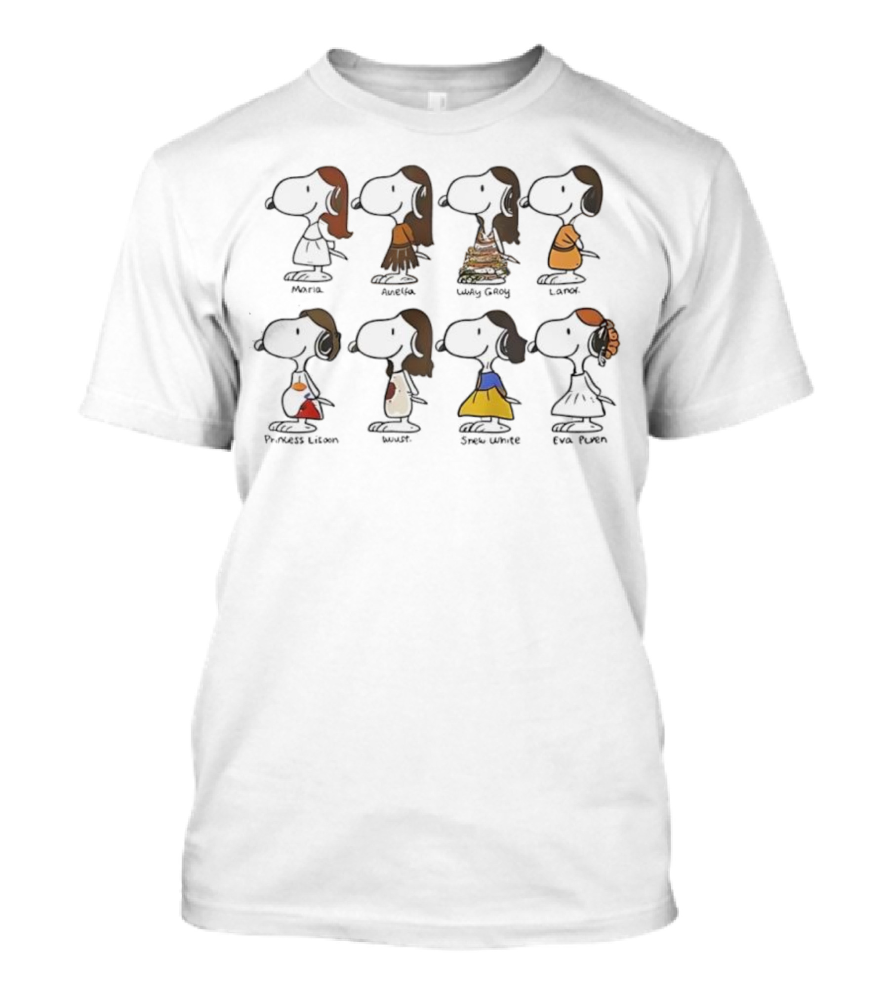 Snoopy Belle Mulan Cinderella Jasmine Ariel Pocahontas Snow White Tiana Princess Parody T-Shirt