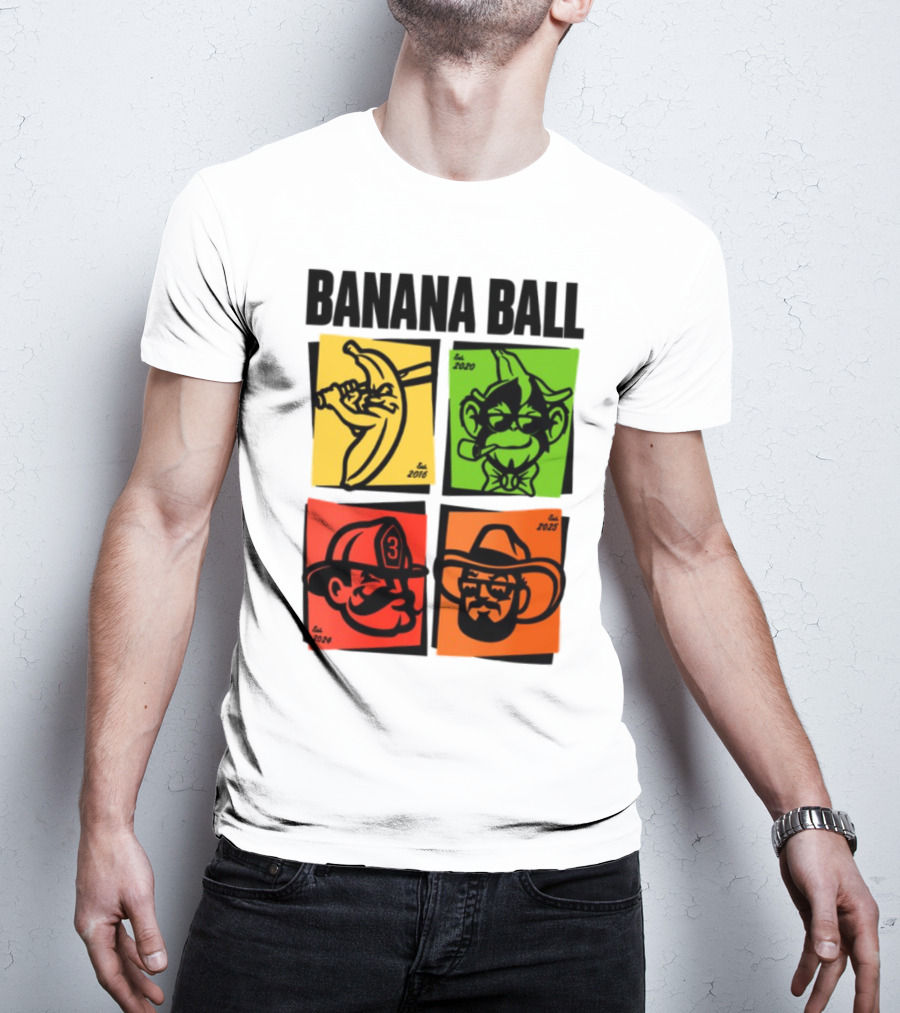 Banana Ball 2025 Cowboy Firefighter Joker Swordsman Icons Est 2016 2020 2024 2025 T-Shirt