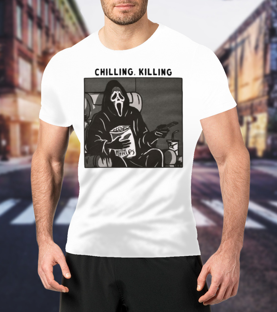 Ghost Face Chips Chilling Killing Movie Night Vibes T-Shirt