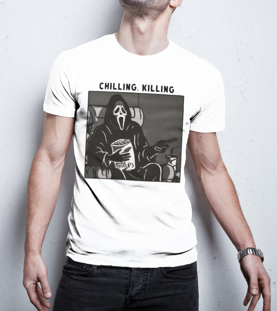 Ghost Face Chips Chilling Killing Movie Night Vibes T-Shirt