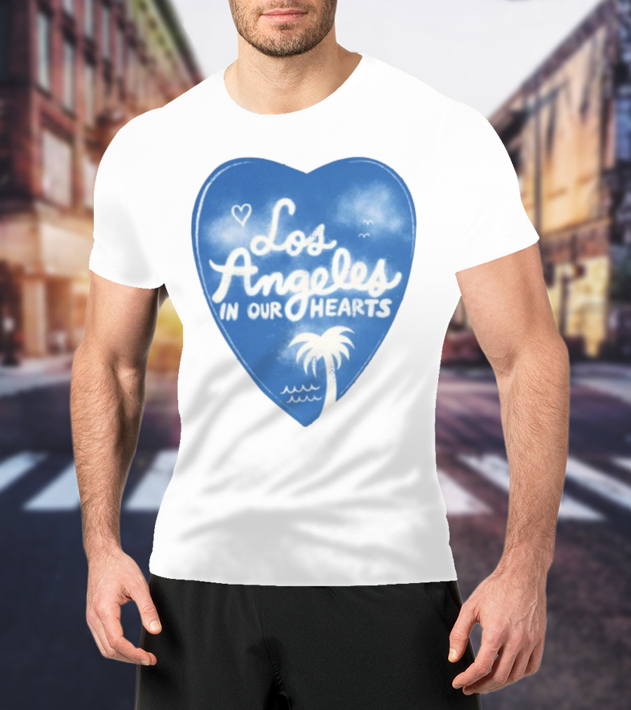 Los Angeles In Our Hearts Blue Heart With Palm Tree And Waves T-Shirt