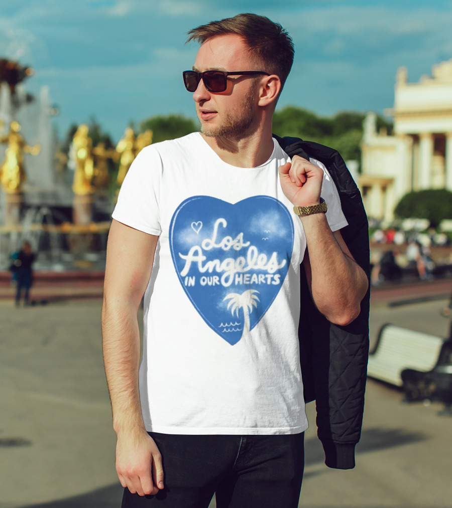 Los Angeles In Our Hearts Blue Heart With Palm Tree And Waves T-Shirt