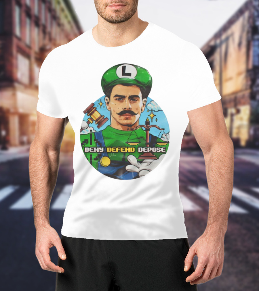 Luigi Mangione Deny Defend Depose Mario Bros Inspired Courtroom Adventure T-Shirt