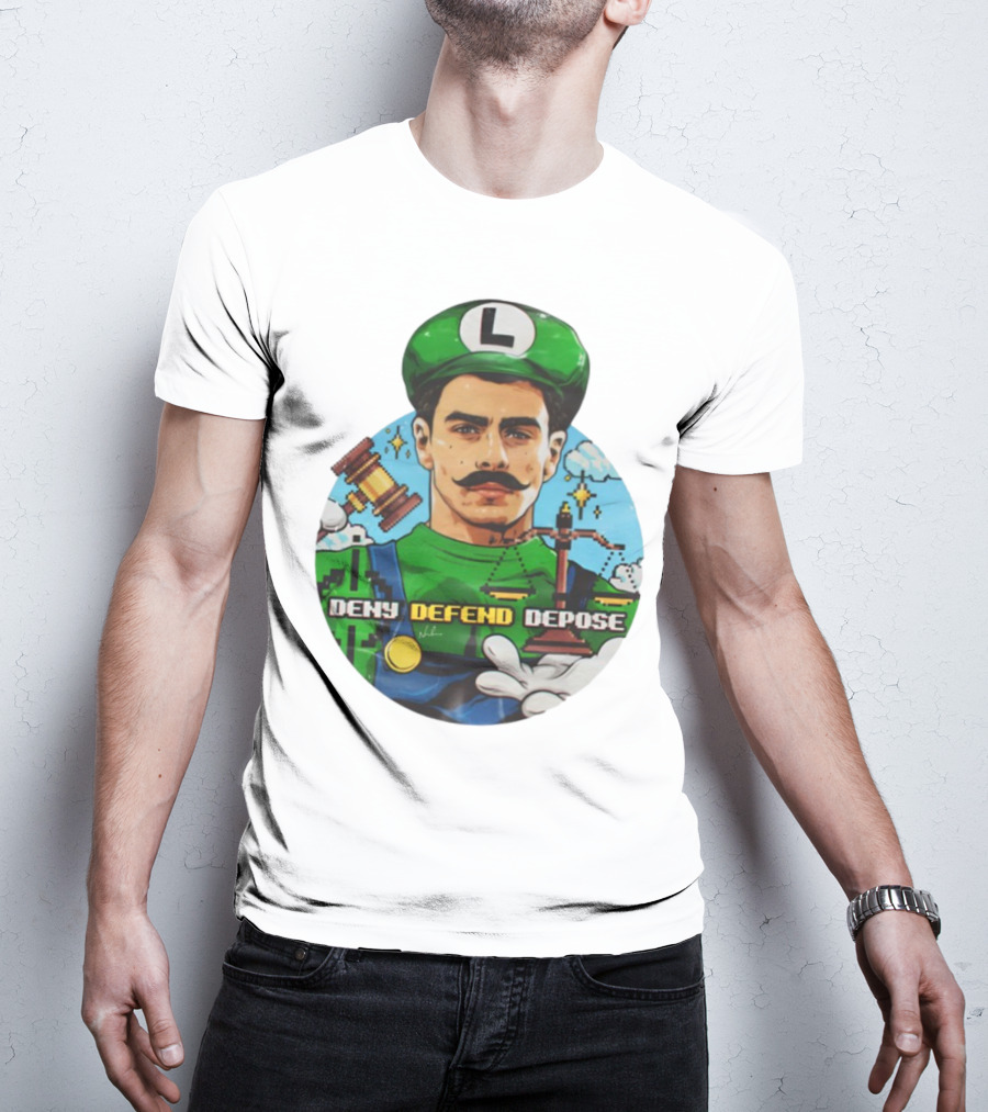 Luigi Mangione Deny Defend Depose Mario Bros Inspired Courtroom Adventure T-Shirt