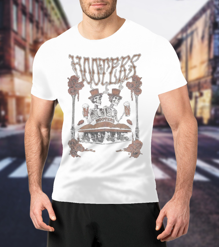 Hooters Skeletons With Top Hats And Beers Roses T-Shirt
