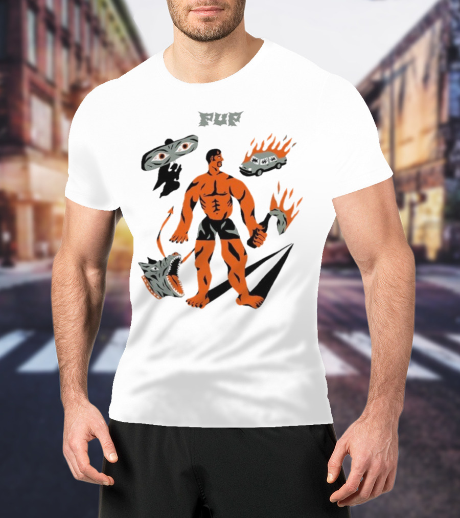 Pup Muscle Man Flaming Car And Wolf T-Shirt