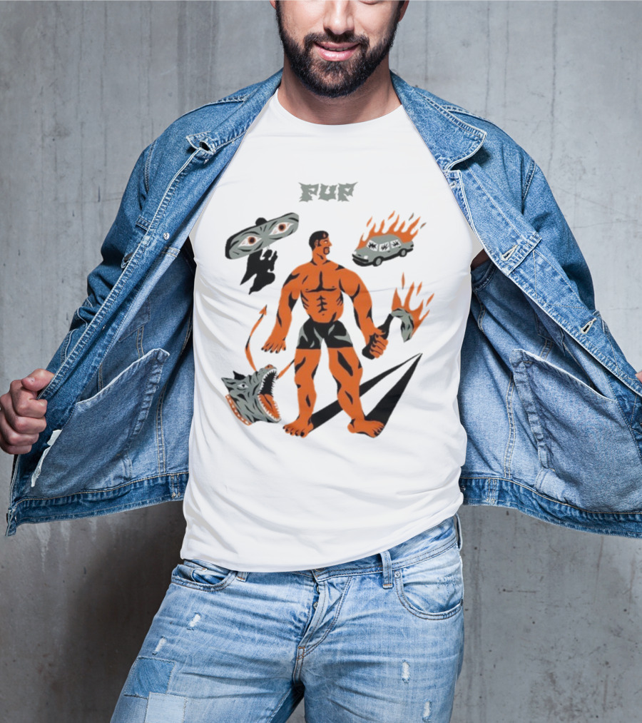 Pup Muscle Man Flaming Car And Wolf T-Shirt