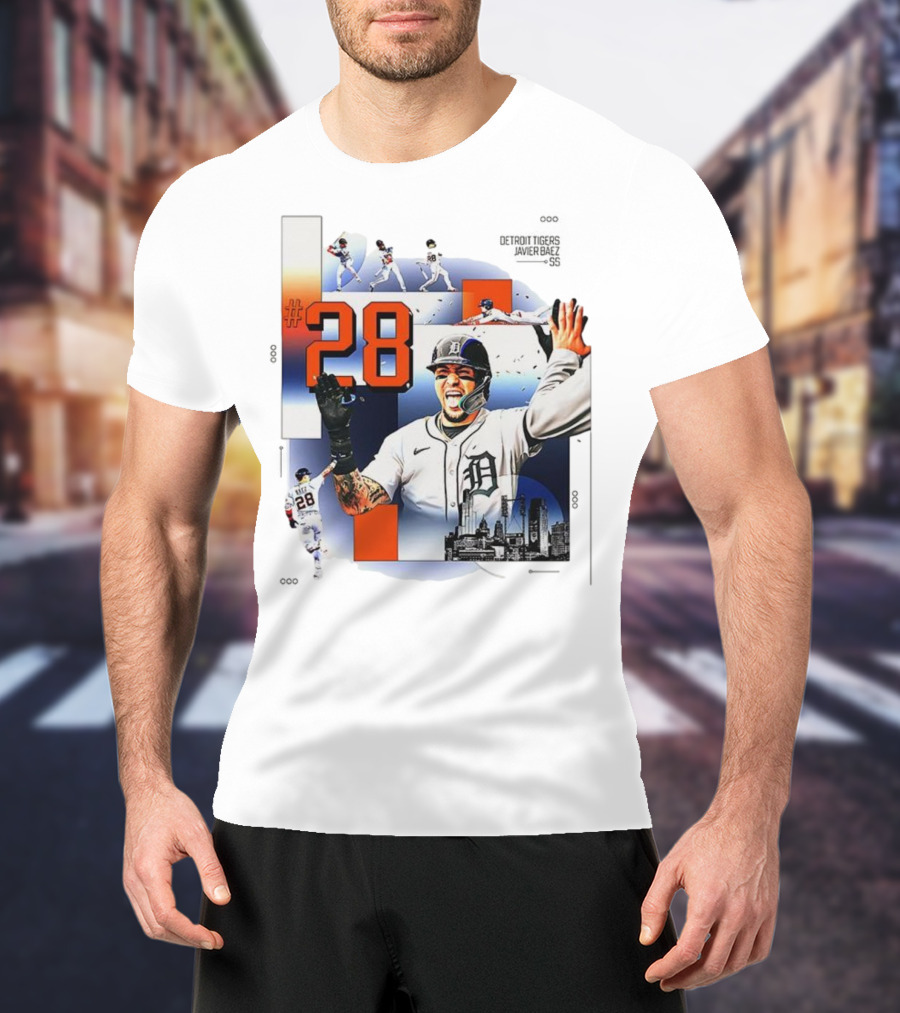 Javier Báez Detroit Tigers Number 28 Baseball Action High Five Urban Skyline T-Shirt