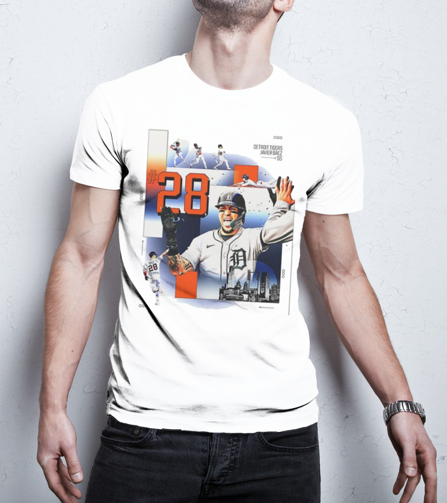Javier Báez Detroit Tigers Number 28 Baseball Action High Five Urban Skyline T-Shirt