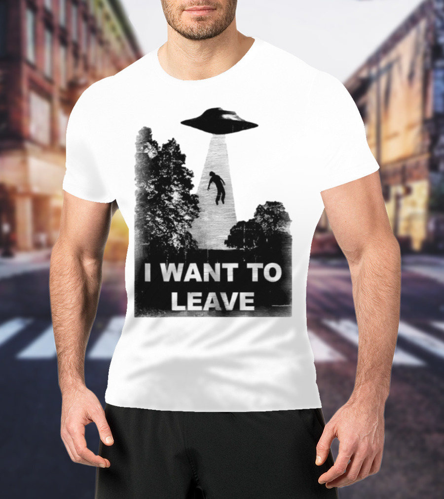 I Want To Leave UFO Abduction Scene Black And White Design T-Shirt