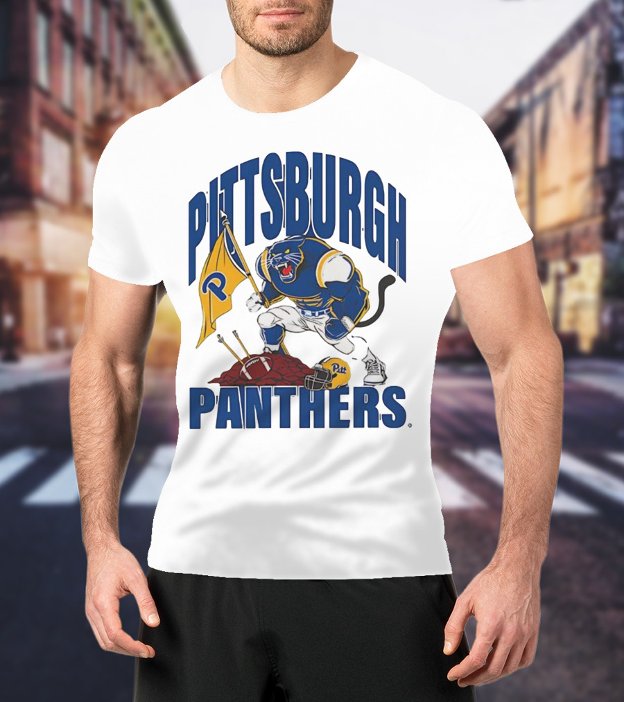 Pittsburgh Panthers Pitt Mascot Planting Flag Football Helmet T-Shirt