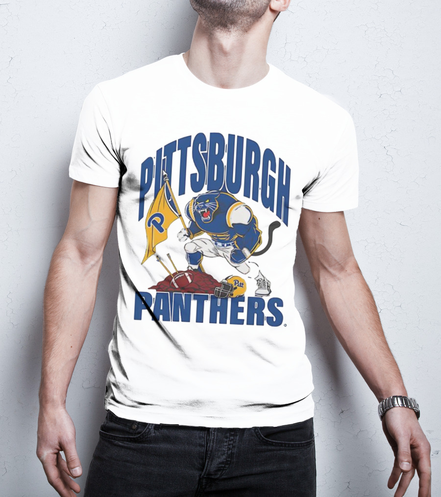 Pittsburgh Panthers Pitt Mascot Planting Flag Football Helmet T-Shirt