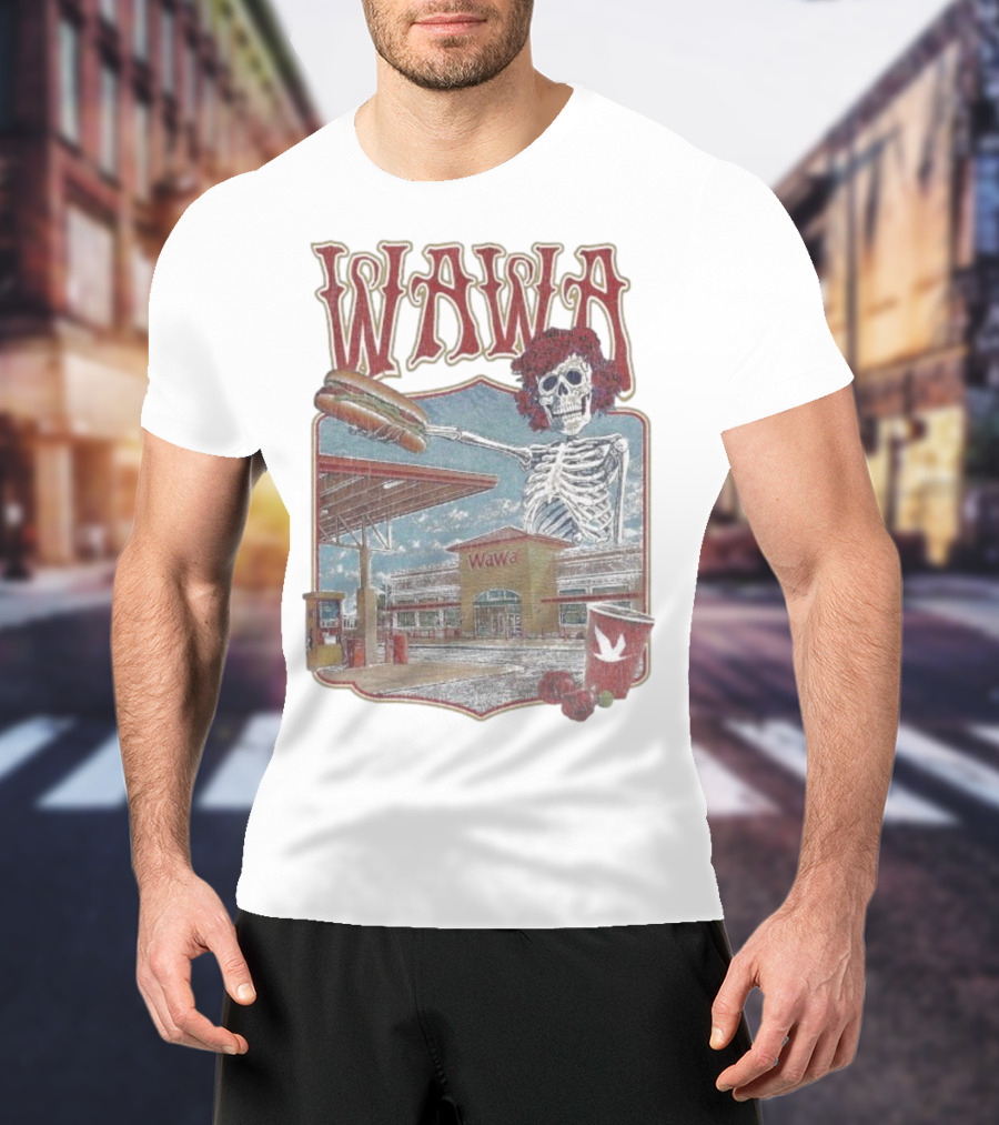 Wawa Grateful Dead Skeleton Holding Hoagie At Gas Station Scene T-Shirt