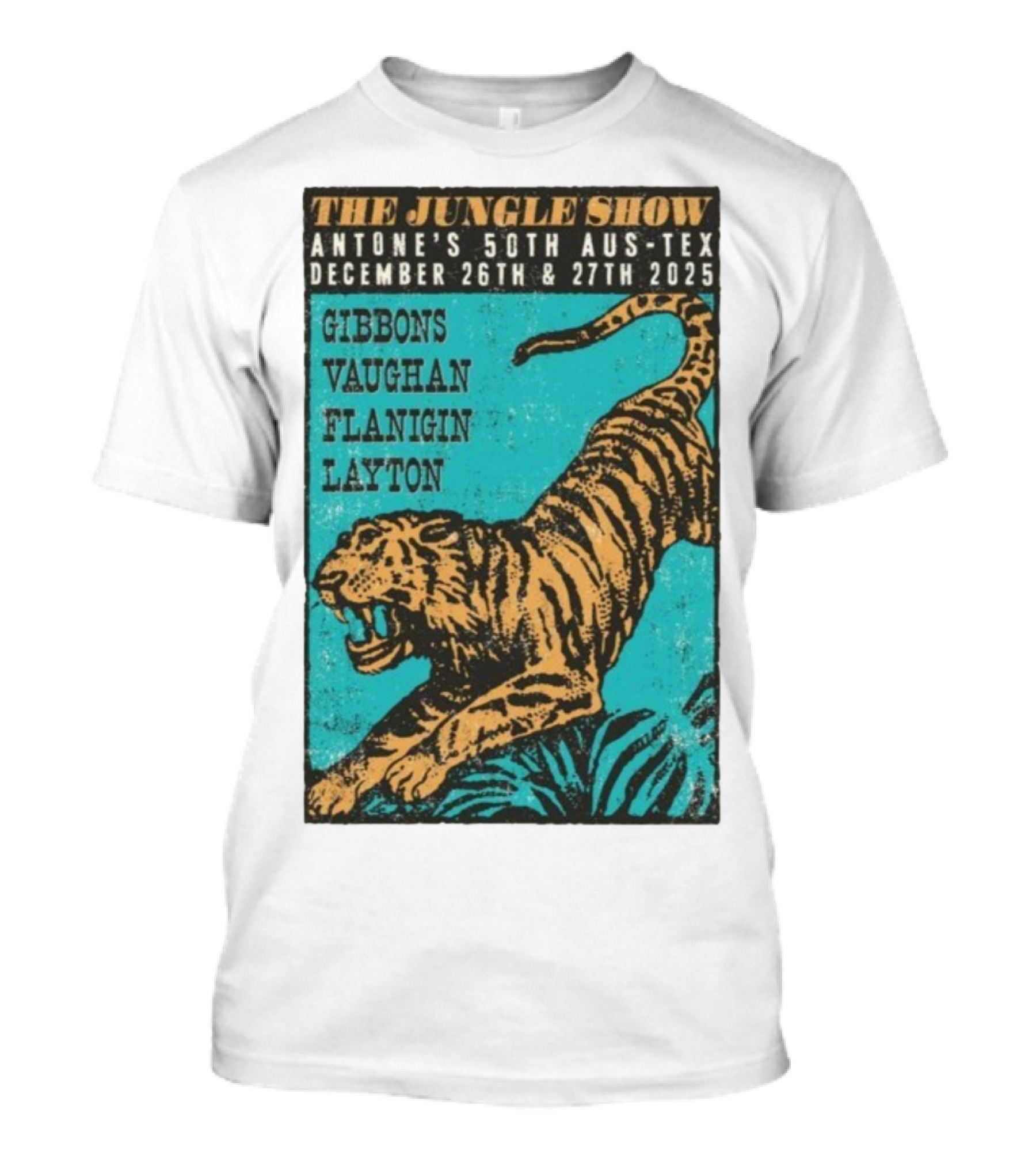 The Jungle Show Antone’s 50th Aus-Tex December 26-27 2025 Gibbons Vaughan Flanigin Layton Tiger T-Shirt