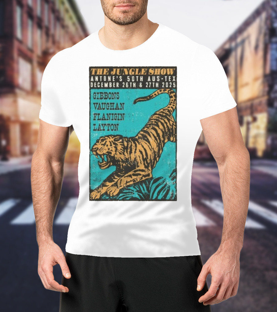The Jungle Show Antone’s 50th Aus-Tex December 26-27 2025 Gibbons Vaughan Flanigin Layton Tiger T-Shirt