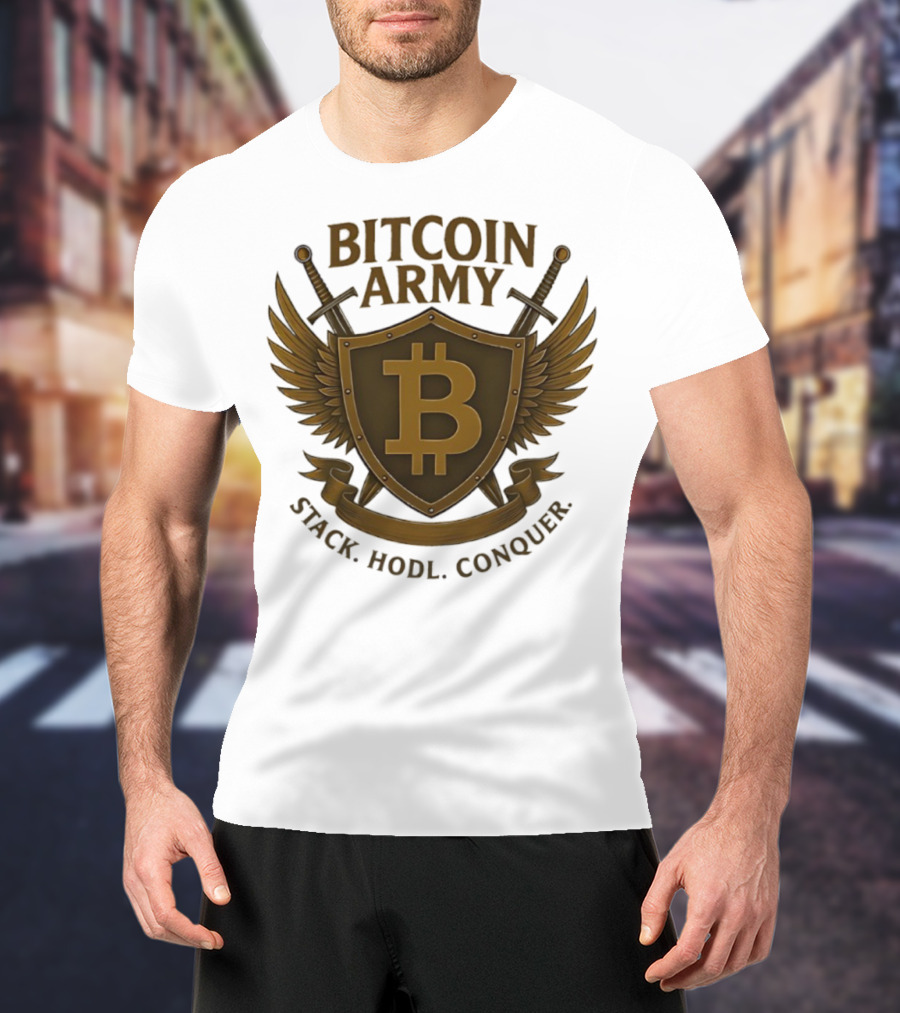 Bitcoin Army Shield Stack Hodl Conquer Crypto Warriors T-Shirt