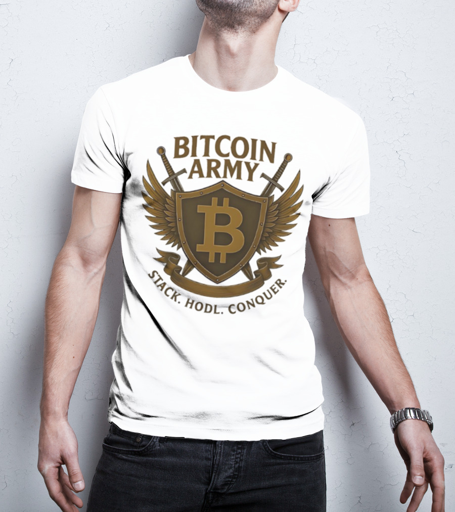 Bitcoin Army Shield Stack Hodl Conquer Crypto Warriors T-Shirt