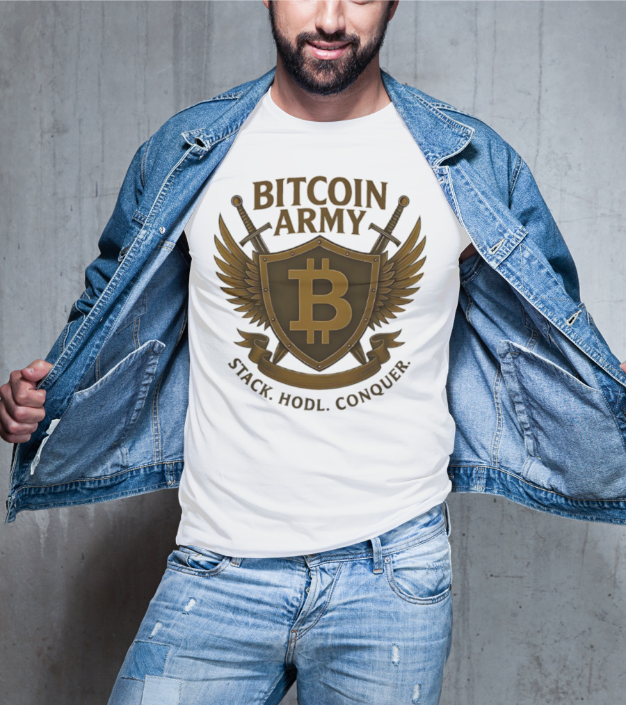 Bitcoin Army Shield Stack Hodl Conquer Crypto Warriors T-Shirt