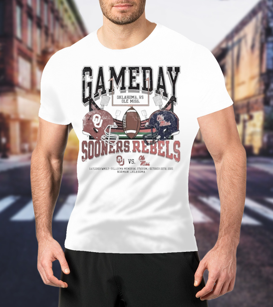 Gameday Oklahoma Sooners Vs Ole Miss Rebels Gaylord Family Oklahoma Memorial Stadium Football Helmets T-Shirt