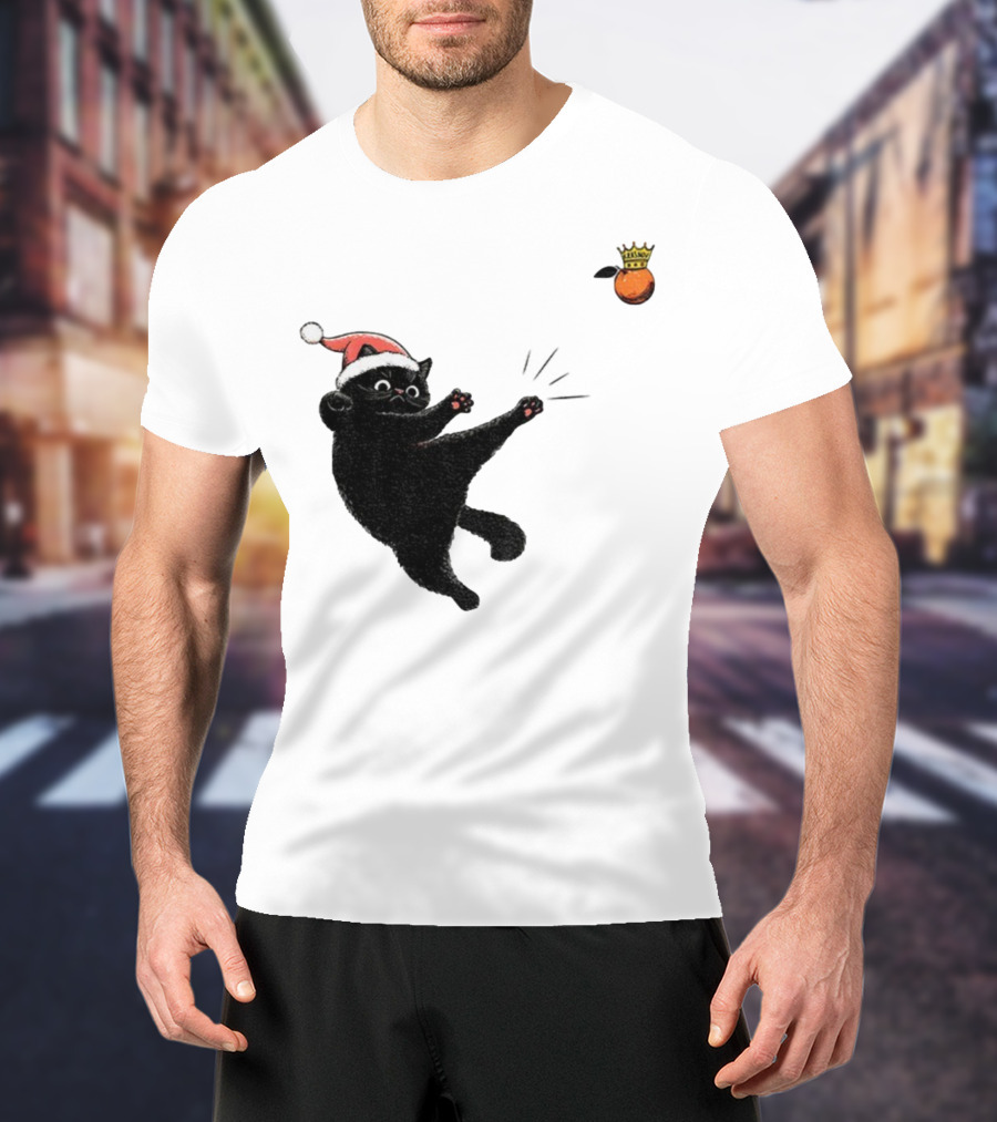 Black Cat Santa Hat Kicking Crowned Orange No Kings Christmas Anti-Trump T-Shirt