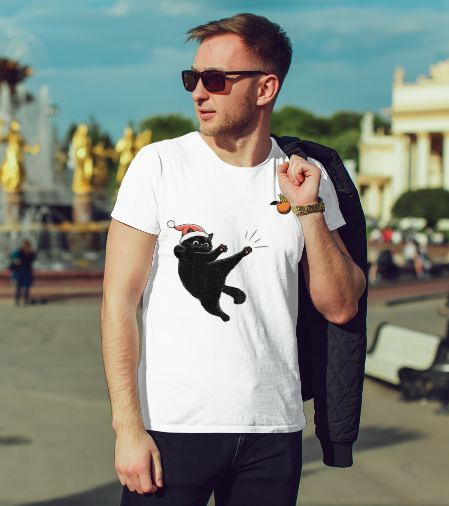 Black Cat Santa Hat Kicking Crowned Orange No Kings Christmas Anti-Trump T-Shirt