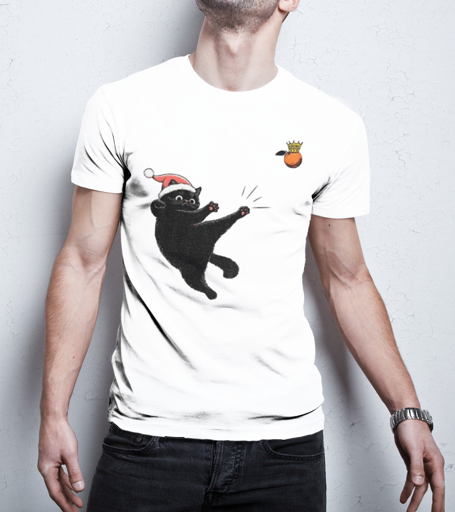 Black Cat Santa Hat Kicking Crowned Orange No Kings Christmas Anti-Trump T-Shirt