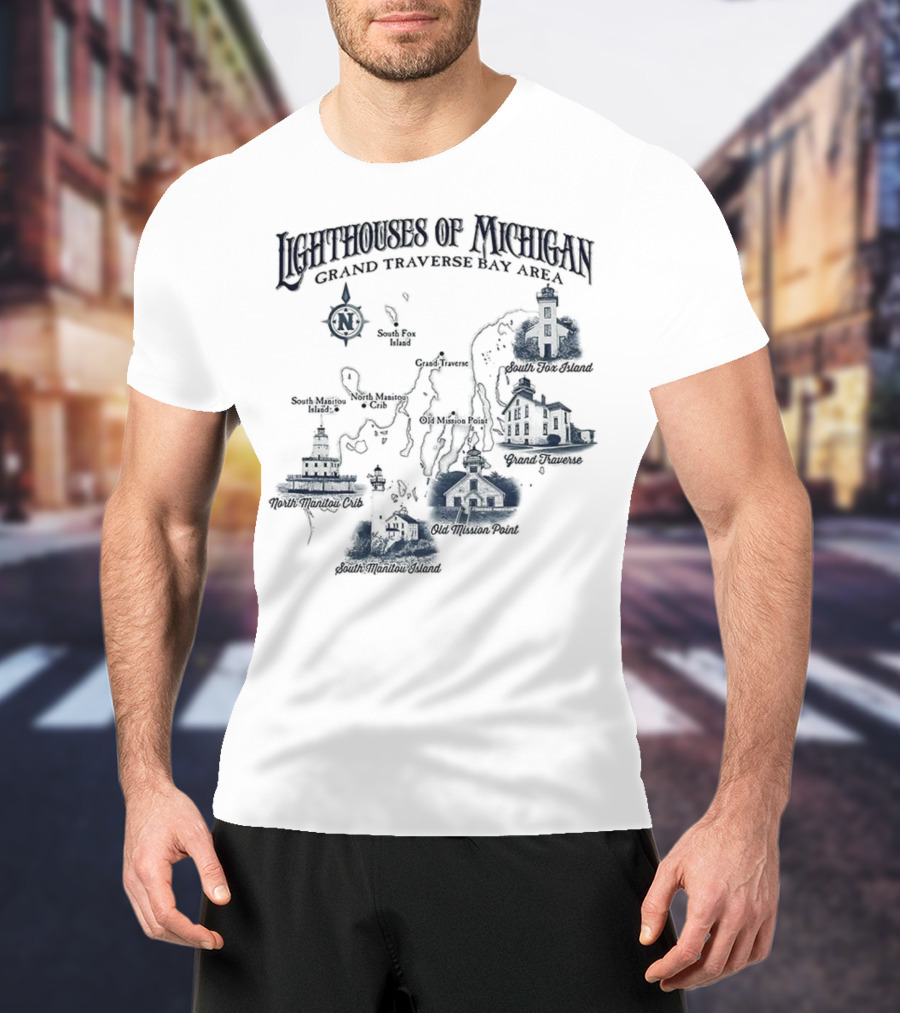 Lighthouses Of Michigan Grand Traverse Bay Area White Shoal South Fox Island Old Mission Grand Traverse South Manitou Northport T-Shirt