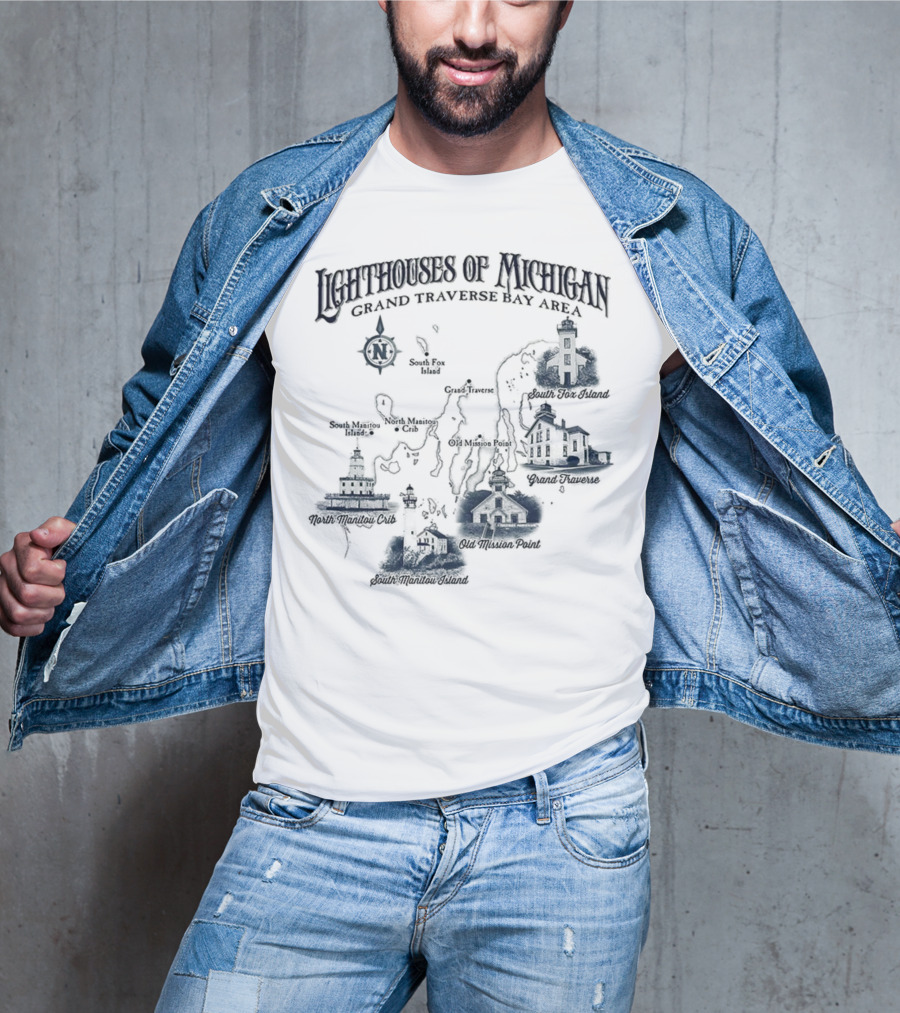 Lighthouses Of Michigan Grand Traverse Bay Area White Shoal South Fox Island Old Mission Grand Traverse South Manitou Northport T-Shirt