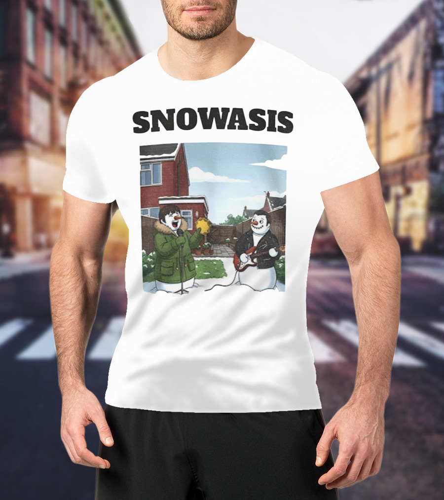 Snowasis Snowman Winter Oasis Vintage Guitar Tambourine Scene T-Shirt