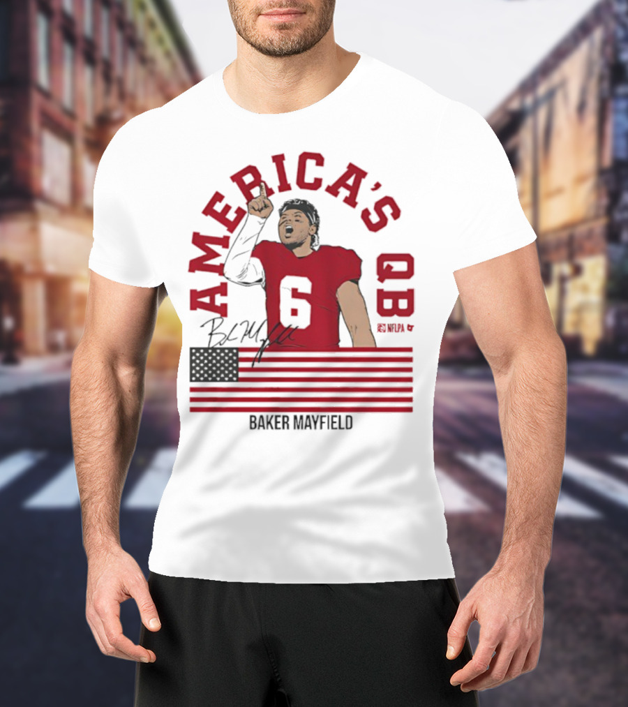 Baker Mayfield America's QB Number 6 USA Flag Signature T-Shirt