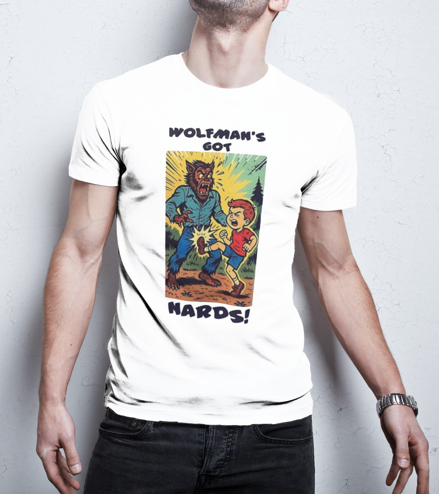 Wolfman’s Got Nards Vintage Comic Style Kid Kicking Wolfman T-Shirt