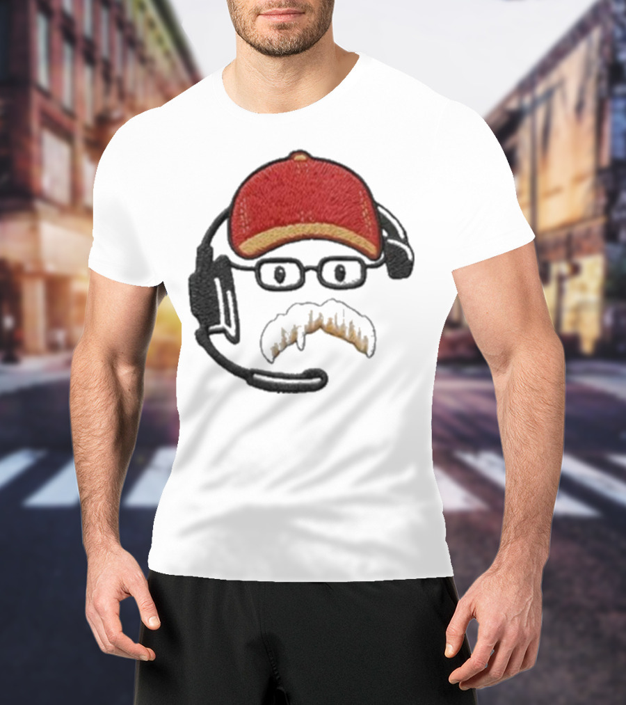 Andy Reid Kansas City Chiefs Coach Embroidered Patch Style With Red Cap And Headset T-Shirt