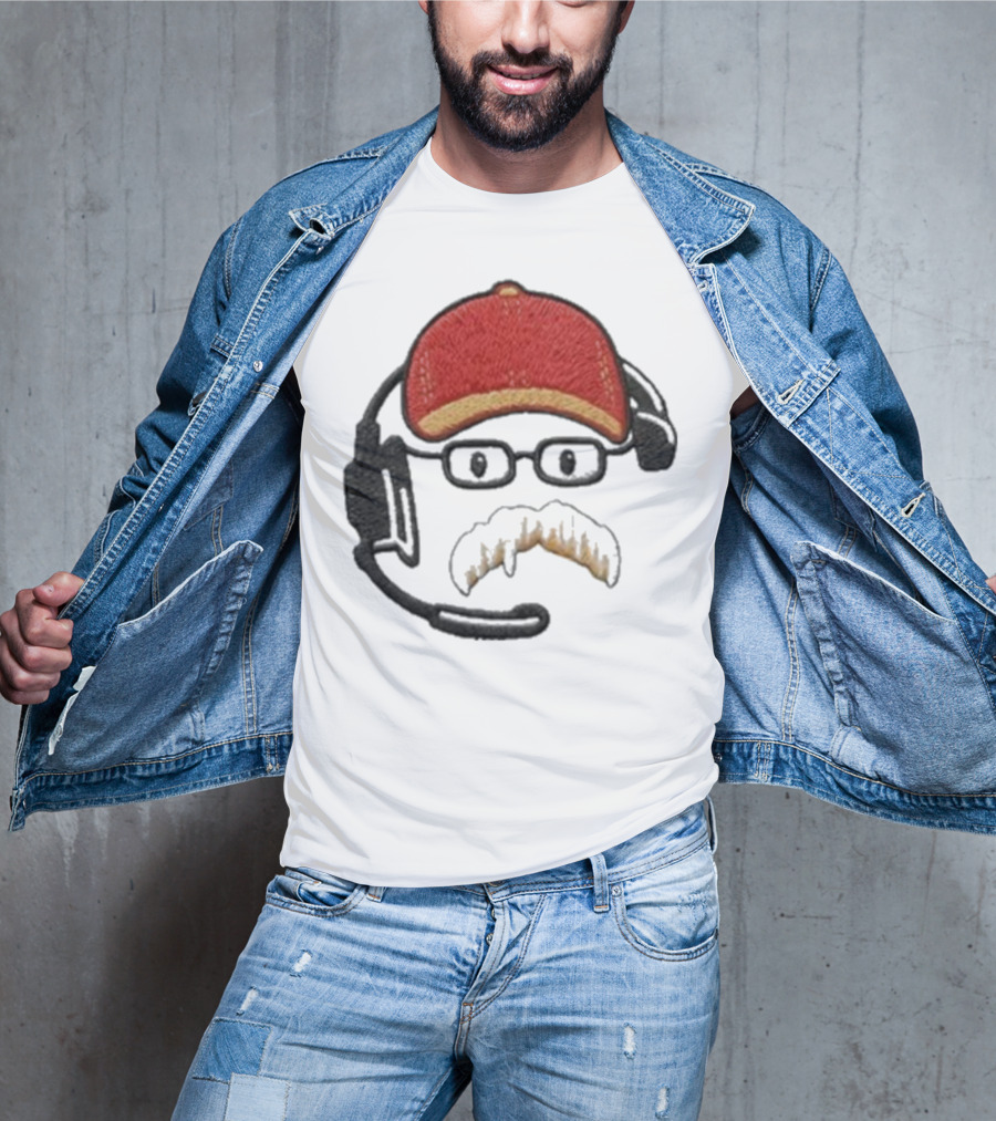 Andy Reid Kansas City Chiefs Coach Embroidered Patch Style With Red Cap And Headset T-Shirt