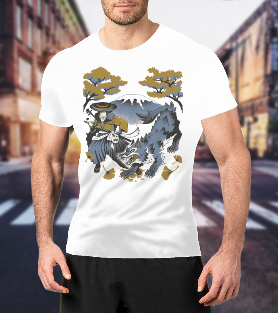 Ghost Of Yotei The Hunters Ukiyo-e Warrior With Wolf Mythical Scene T-Shirt