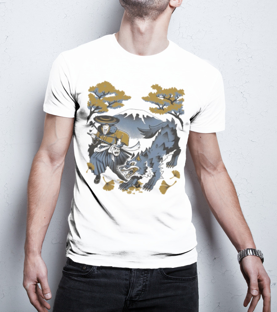 Ghost Of Yotei The Hunters Ukiyo-e Warrior With Wolf Mythical Scene T-Shirt