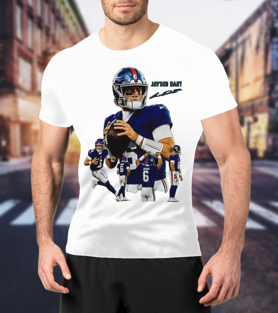 Jaxson Dart New York Giants NFL Football Signature Quarterback Action T-Shirt