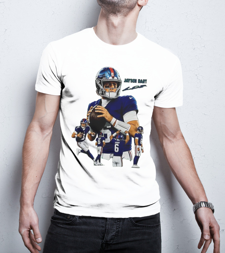 Jaxson Dart New York Giants NFL Football Signature Quarterback Action T-Shirt