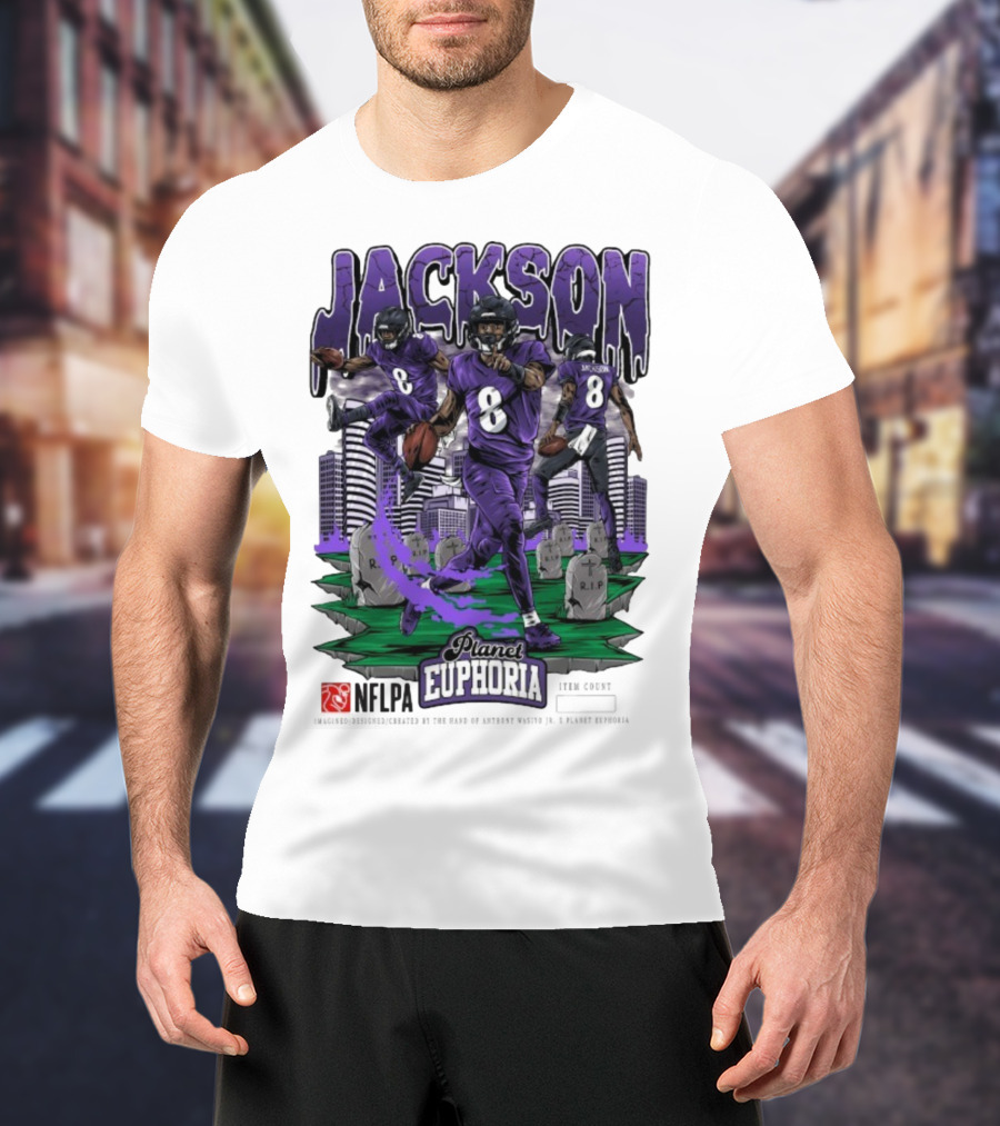 Lamar Jackson NFLPA Planet Euphoria Purple Football Action T-Shirt