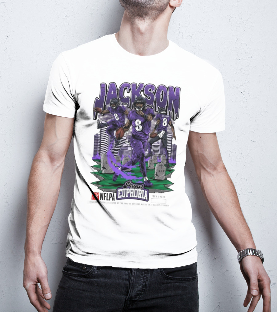 Lamar Jackson NFLPA Planet Euphoria Purple Football Action T-Shirt