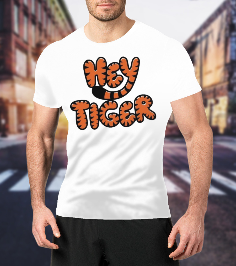 Cincinnati Bengals Hey Tiger Striped Bubble Letter Tiger Tail Pattern T-Shirt