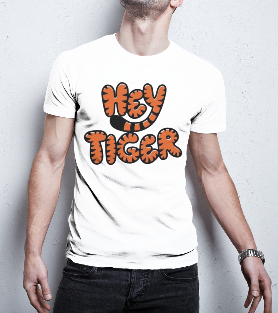Cincinnati Bengals Hey Tiger Striped Bubble Letter Tiger Tail Pattern T-Shirt