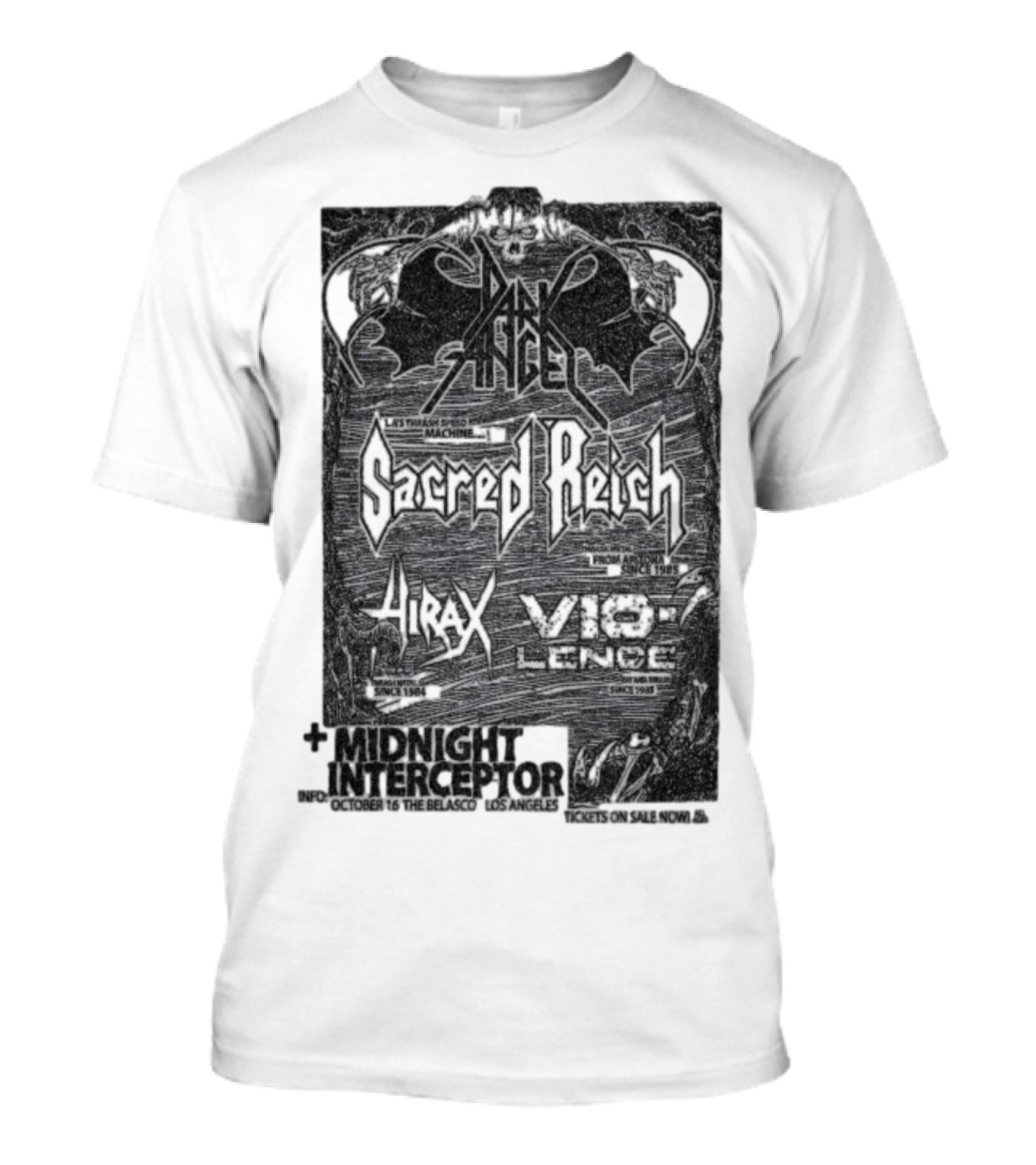 Dark Angel Sacred Reich Hirax Vio-Lence Midnight Interceptor The Belasco Los Angeles October 16 2025 T-Shirt
