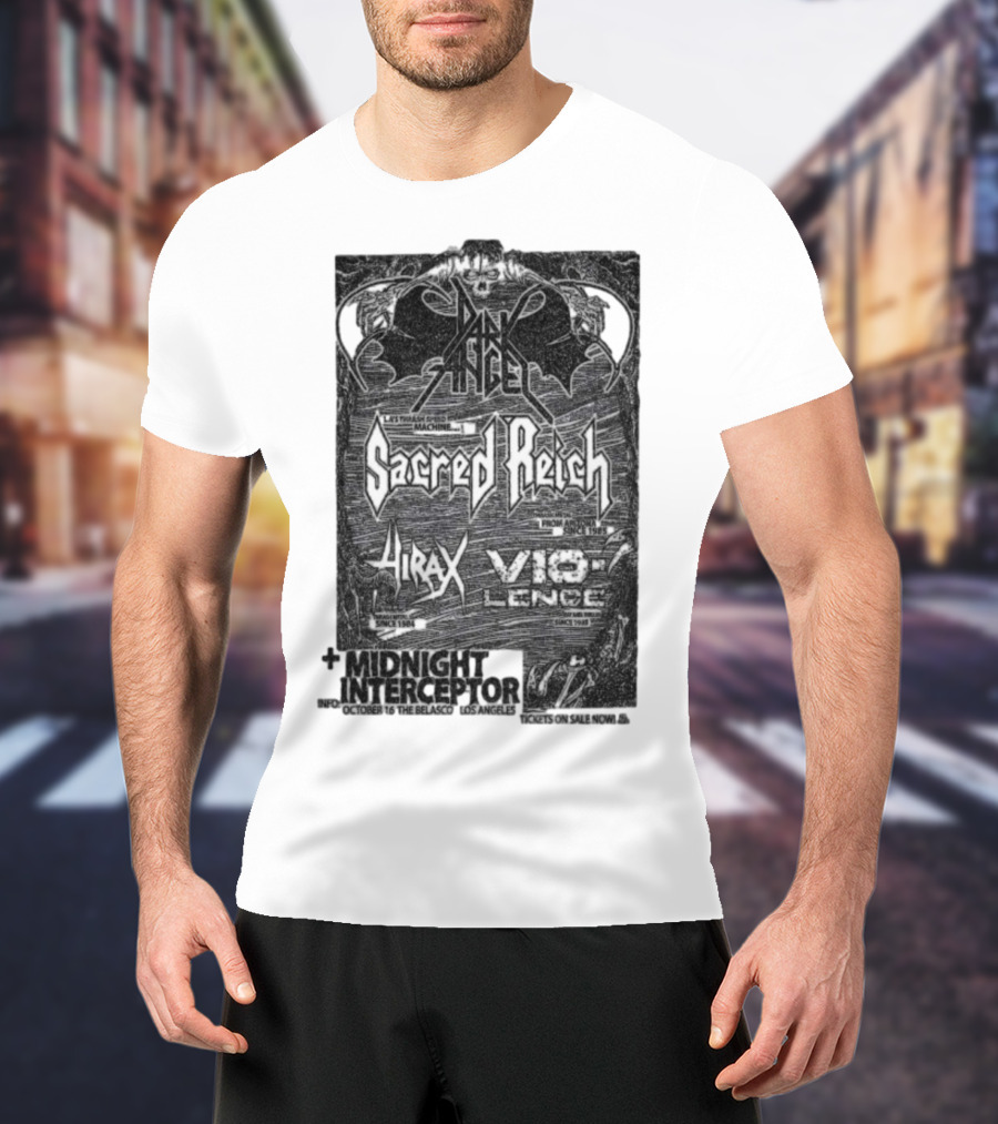 Dark Angel Sacred Reich Hirax Vio-Lence Midnight Interceptor The Belasco Los Angeles October 16 2025 T-Shirt