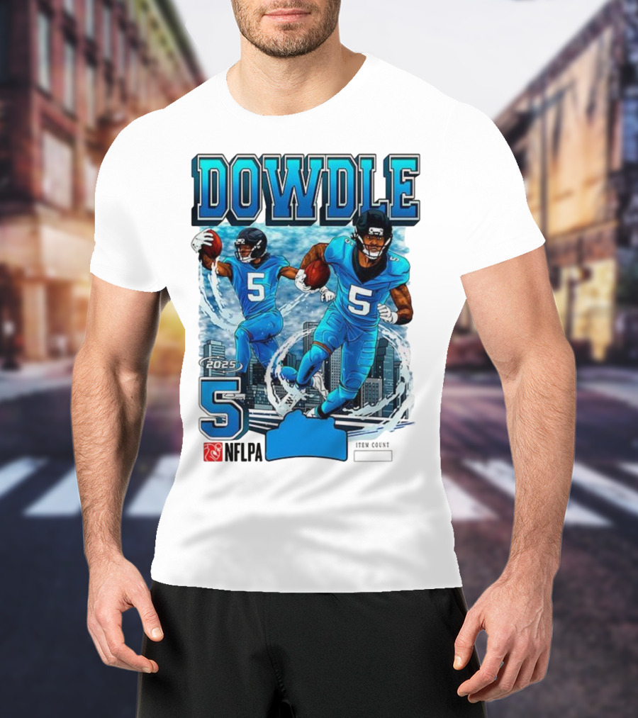 Rico Dowdle Carolina Panthers 2025 Number 5 Skyline NFLPA T-Shirt