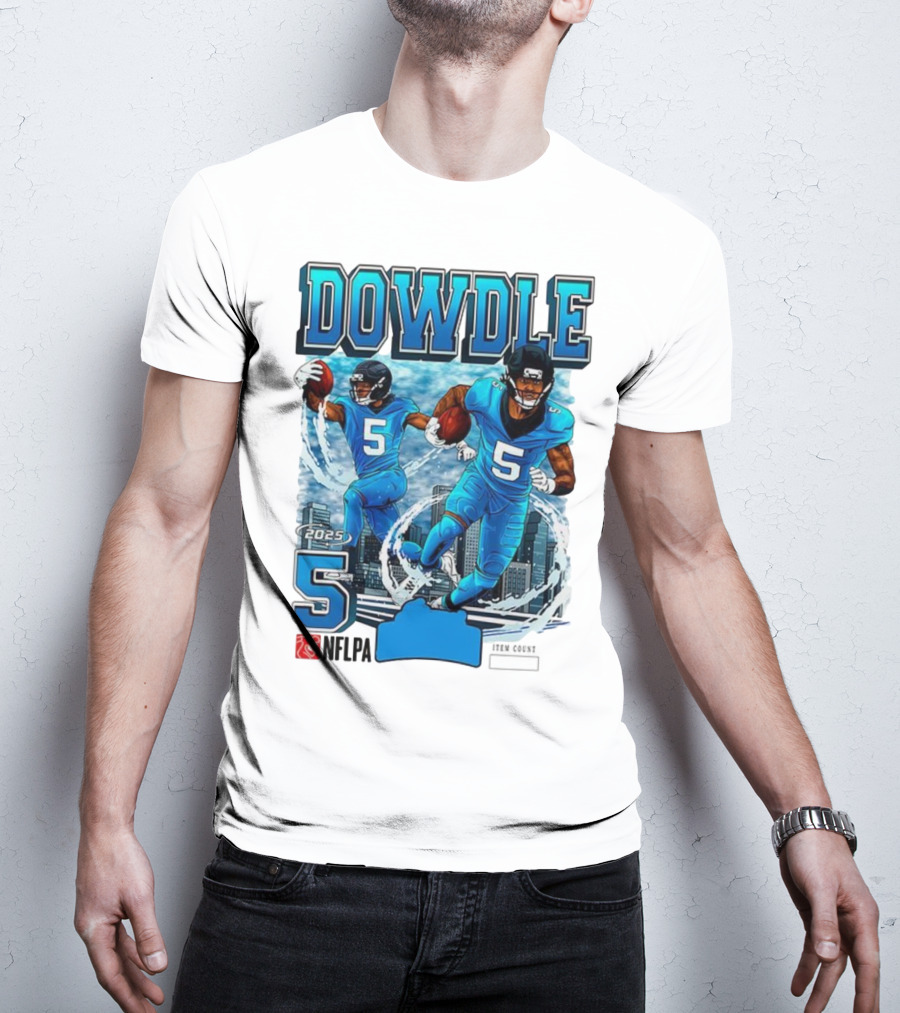 Rico Dowdle Carolina Panthers 2025 Number 5 Skyline NFLPA T-Shirt