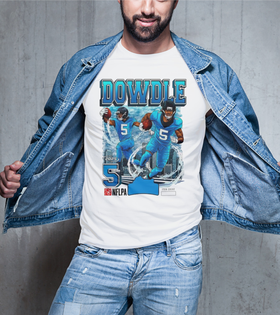 Rico Dowdle Carolina Panthers 2025 Number 5 Skyline NFLPA T-Shirt