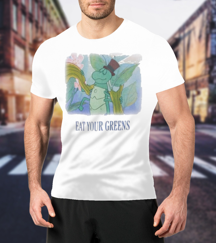 Eat Your Greens Cartoon Grasshopper Top Hat Celery Art T-Shirt